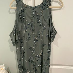 Short light green floral dress. Peep shoulder